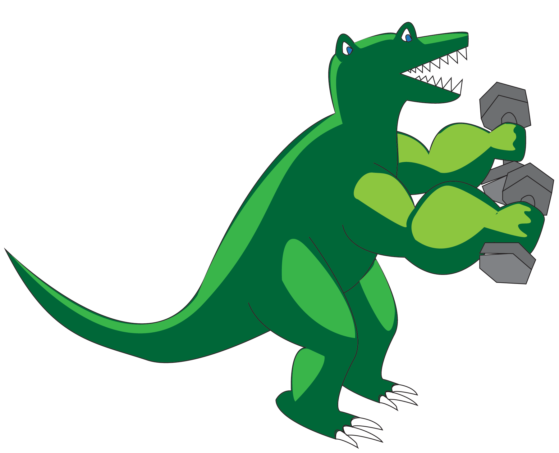 Curlzilla, a muscular green T-rex lifting dumbbells